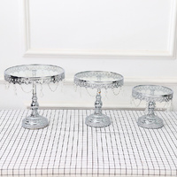 3PC Silver Wedding Metal And Glass Lace Cupcake Cake Stand With Crystal Pendant Chain