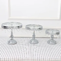 3PC Silver Wedding Metal And Glass Lace Cupcake Cake Stand With Crystal Pendant Chain