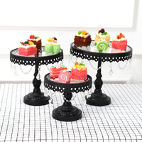 3PC Black Wedding Metal And Glass Lace Cupcake Cake Stand With Crystal Pendant Chain
