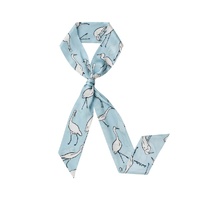 Silk Satin Skinny Scarf with Egret Print in Woodlawn Blue 160