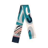 Silk Twill Skinny Scarf with Geometric Patterns in Cyan 120